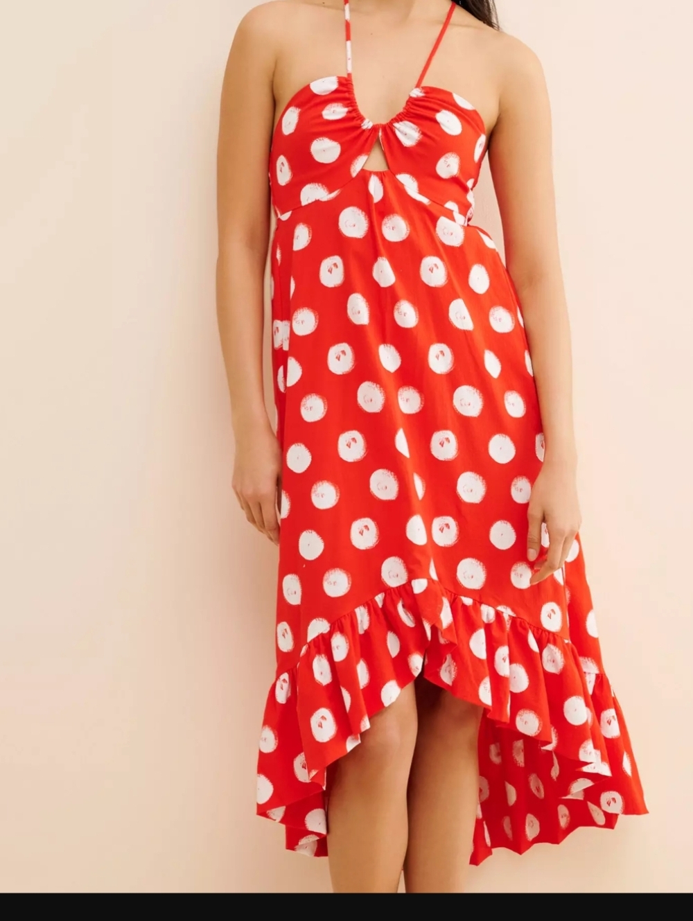 Plenty by Tracy Reese Halter High-Low Ruffle Dress Red & White Polka Dot Size XL